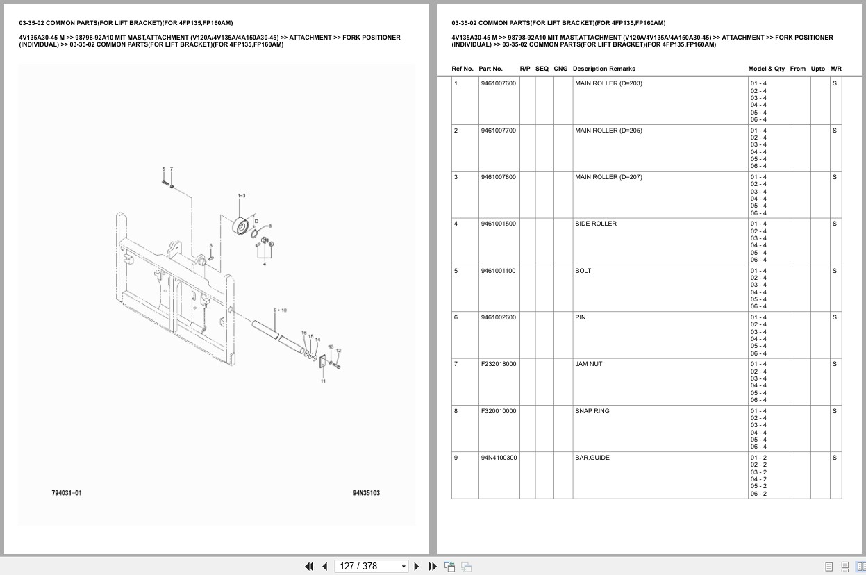 Mitsubishi Forklift 4V135A30 45 M Mast Attachment (V120A4V135A4A150A30 45) Europe Parts Catalog 98798 92A10 (2)