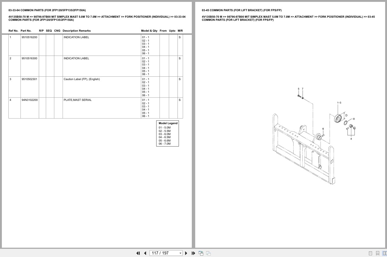 Mitsubishi Forklift 4V135B50 70 M Simplex Mast 5.0M To 7.0M Europe Parts Catalog 98796 97B00 (2)