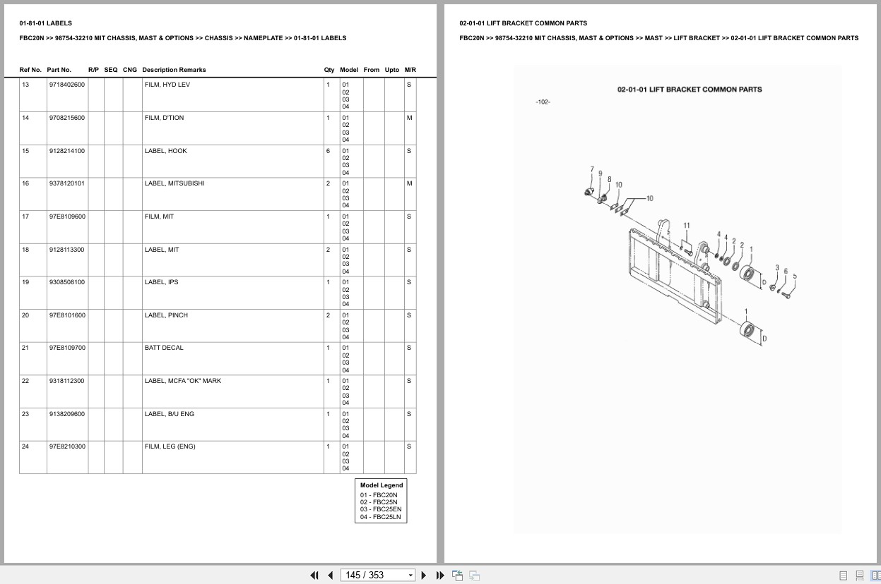 Mitsubishi Forklift FBC20N Chassis Mast Options Europe Parts Catalog 98754 32210 (2)