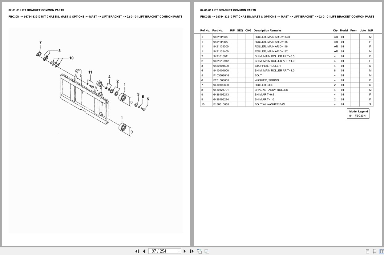 Mitsubishi Forklift FBC30N Chassis Mast Options Europe Parts Catalog 98754 33210 (2)