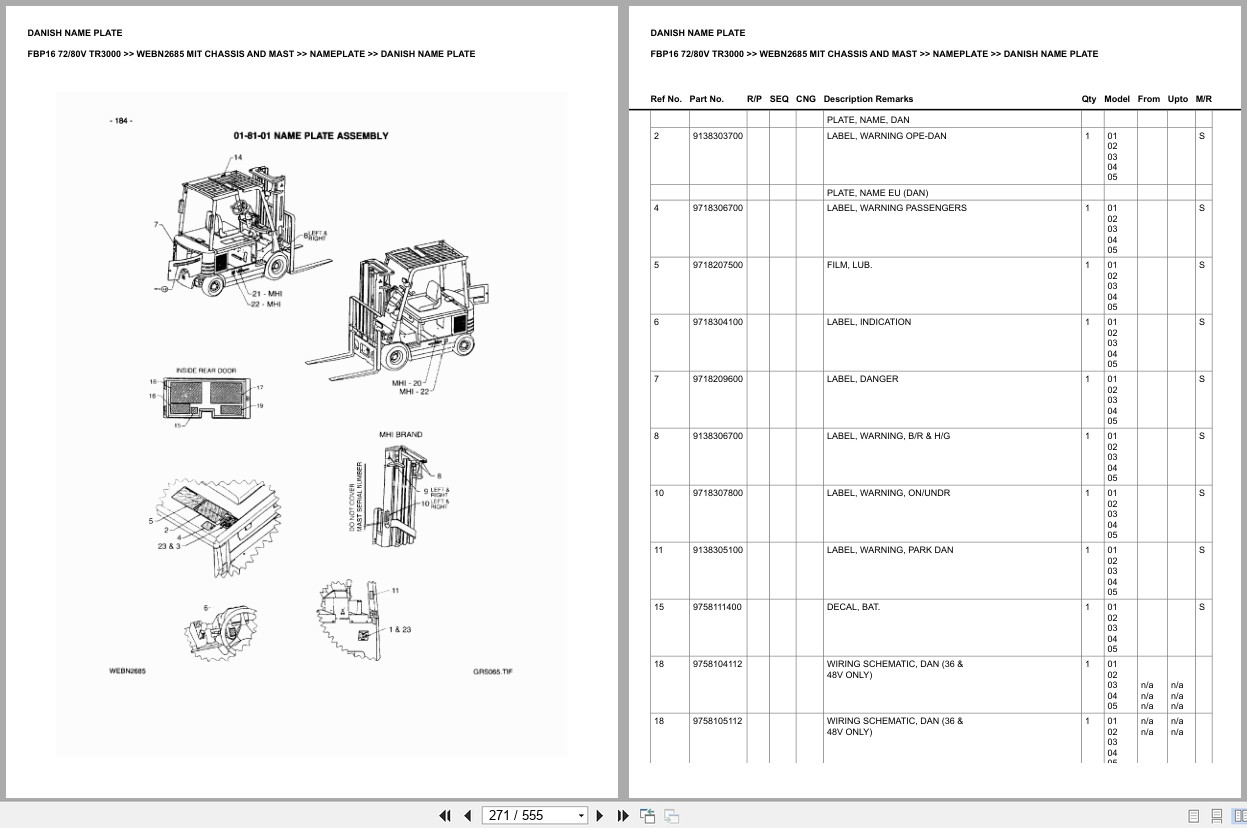 Mitsubishi Forklift FBP16 72V 80V TR3000 Chassis Mast Europe Parts Catalog WEBN2685 (2)