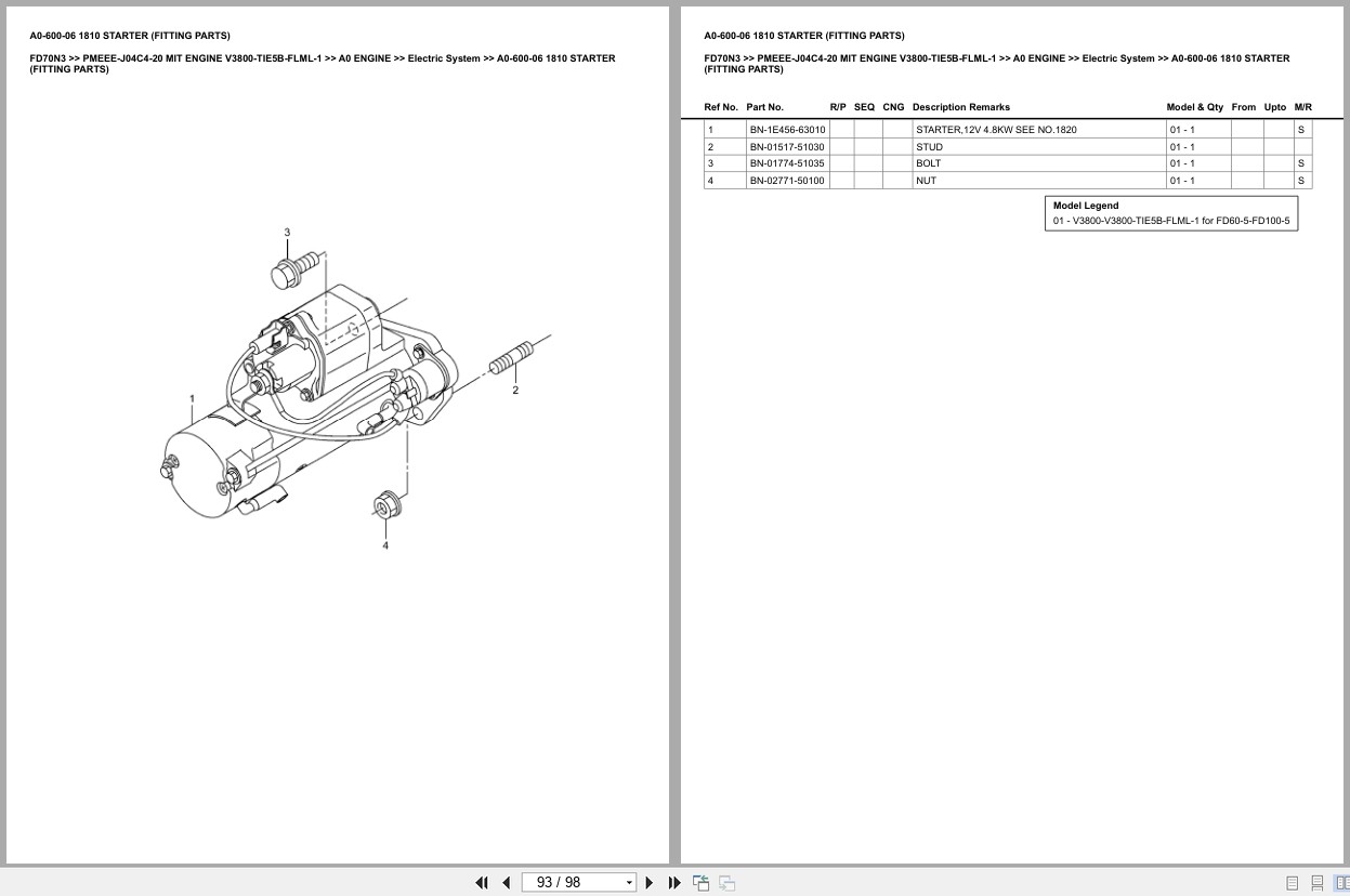 Mitsubishi Forklift FD70N3 V3800 TIE5B FLML 1 Engine Europe Parts Catalog PMEEE J04C4 20 (2)
