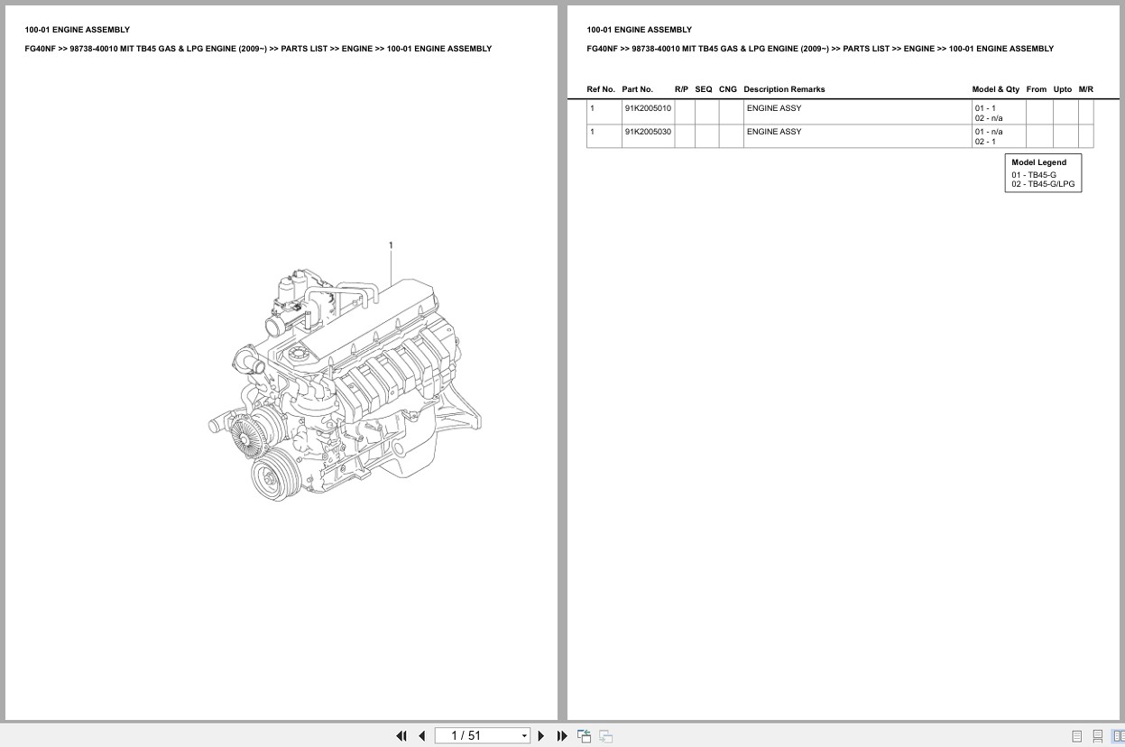 Mitsubishi Forklift FG40NF TB45 GAS LPG Engine (2009 ) Europe Parts Catalog 98738 40010 (1)