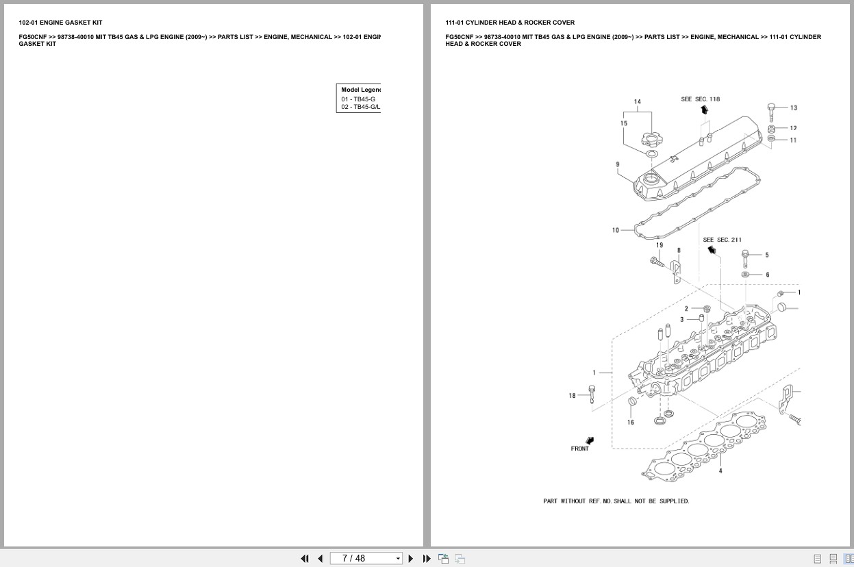 Mitsubishi Forklift FG50CNF TB45 GAS LPG Engine (2009 ) Europe Parts Catalog 98738 40010 (2)