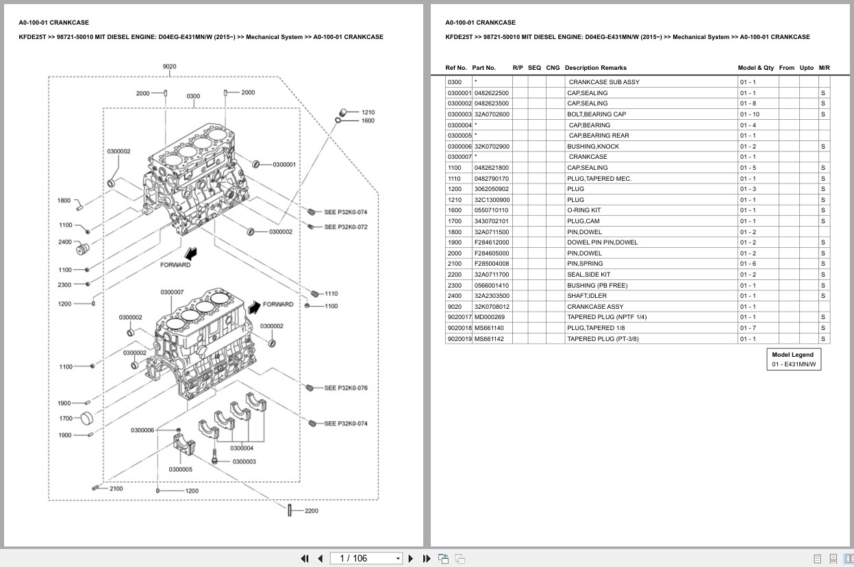 Mitsubishi Forklift KFDE25T D04EG E431MNW Diesel Engine (2015 ) Europe Parts Catalog 98721 50010 (1)