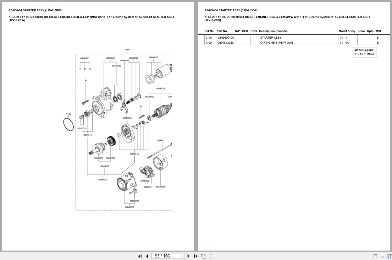 Mitsubishi Forklift KFDE25T D04EG E431MNW Diesel Engine (2015 ) Europe Parts Catalog 98721 50010 (2)