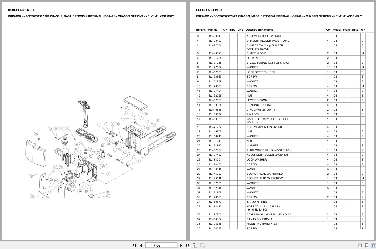 Mitsubishi Forklift PBP20MR Chassis Mast Options Internal Hosing Europe Parts Catalog DOC00032567 (1)