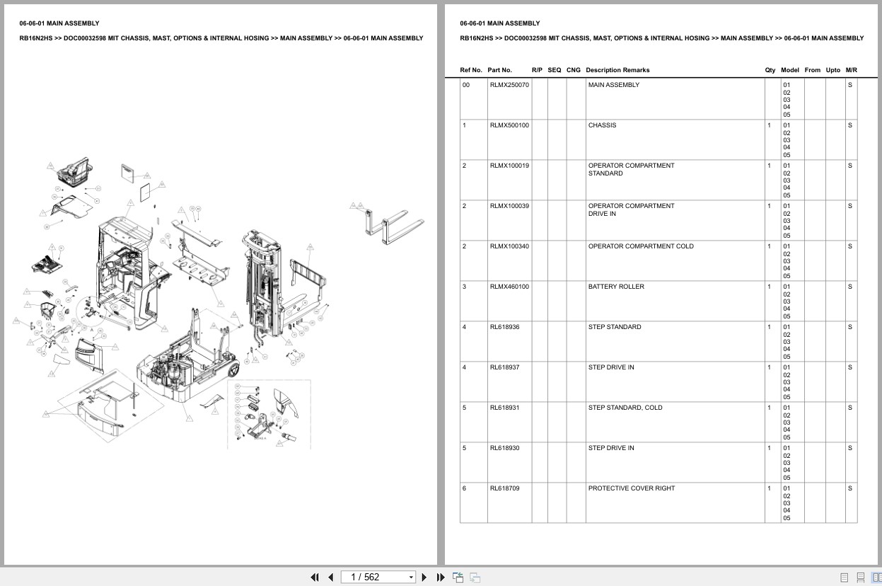 Mitsubishi Forklift RB16N2HS Chassis Mast Options Internal Hosing Europe Parts Catalog DOC00032598 (1)