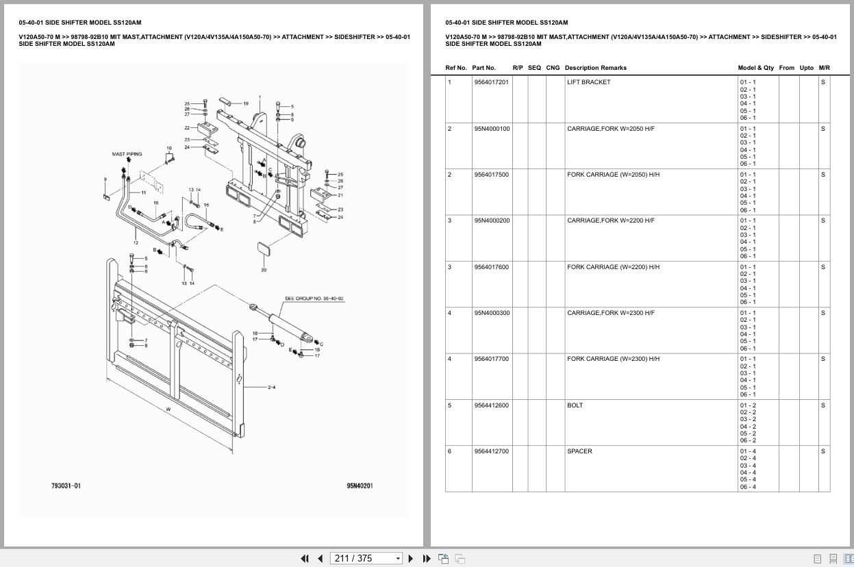 Mitsubishi Forklift V120A50 70 M Mast Attachment (V120A4V135A4A150A50 70) Europe Parts Catalog 98798 92B10 (2)