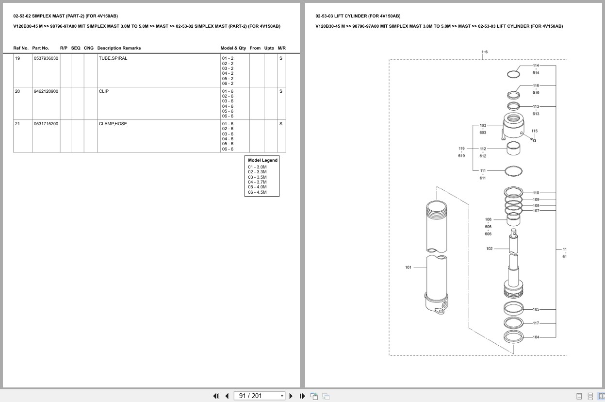 Mitsubishi Forklift V120B30 45 M Simplex Mast 3.0M To 5.0M Europe Parts Catalog 98796 97A00 (2)