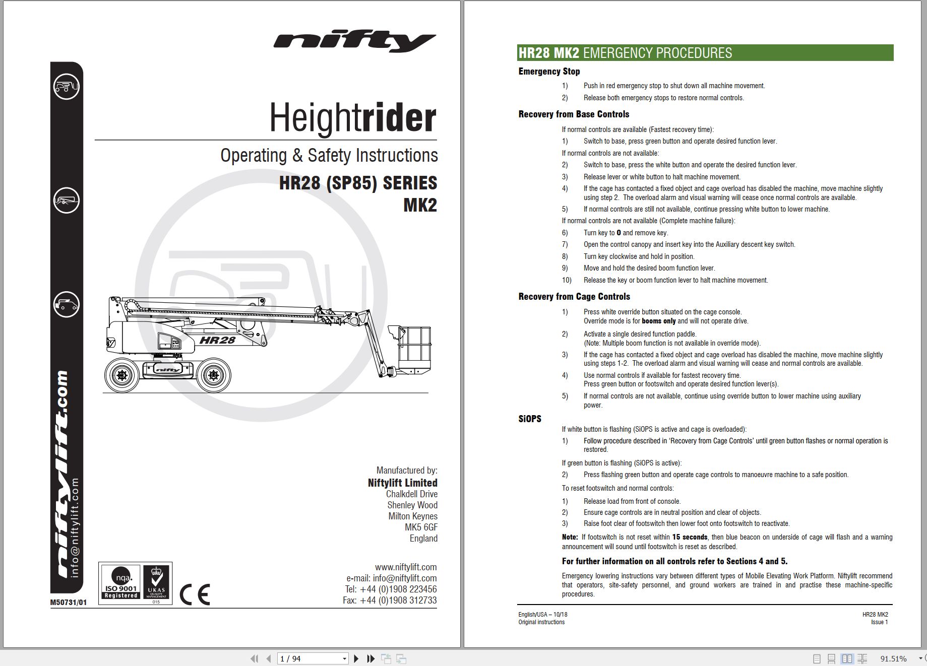 NIFTYLIFT Articulating Boom Lifts HR28 41731 Operating Service Parts Manual And Diagram 2019 (1)