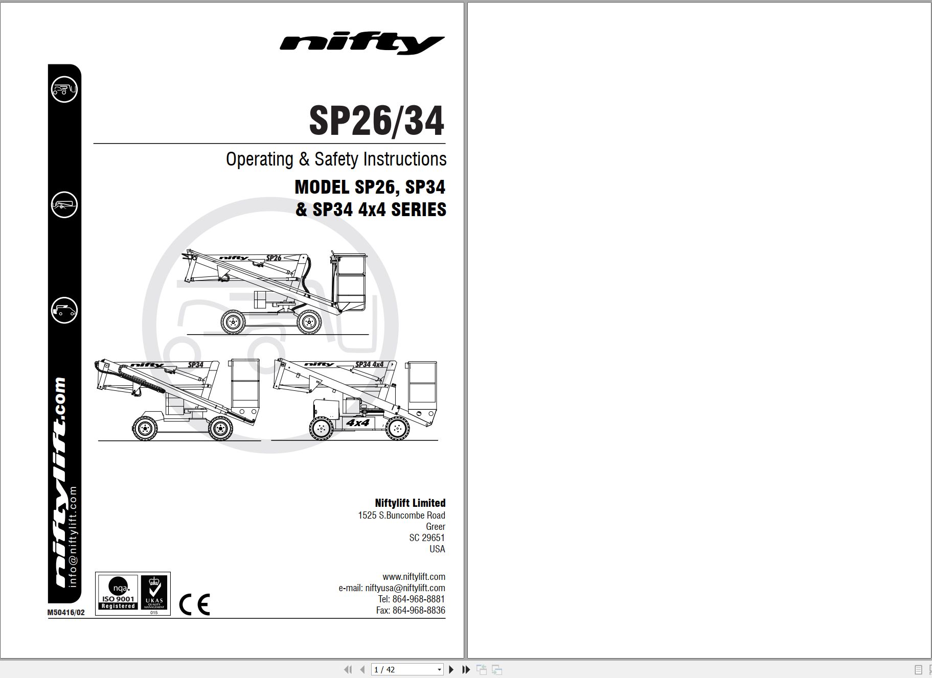 NIFTYLIFT Articulating Boom Lifts SP34 35304 Operating Parts Manual And Diagram 2017 (1)
