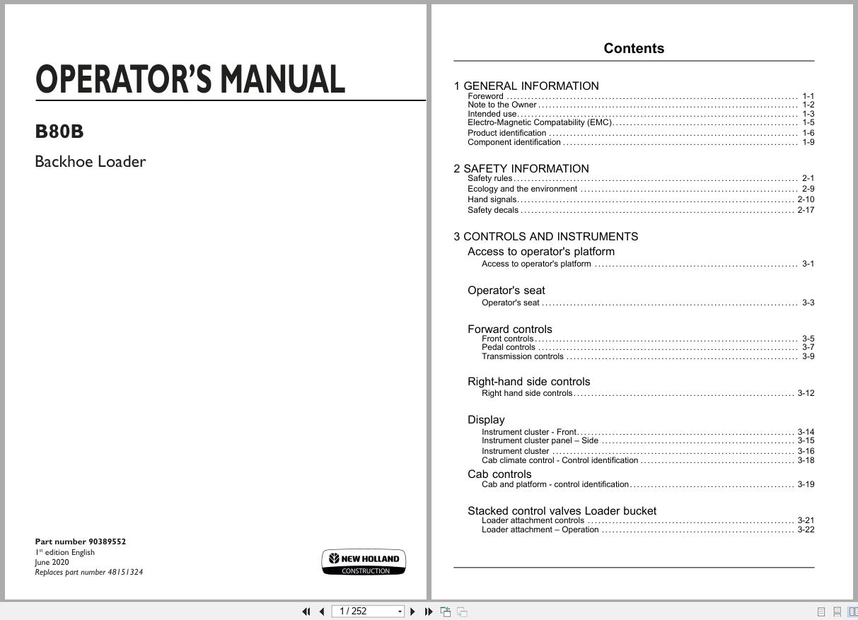 New Holland Backhoe Loader B80B Operators Manual 90389552 2020 (1)