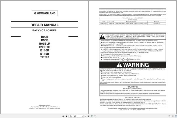 New Holland Backhoe Loader B90B To B115B Tier 3 Repair Manual 87643850Bna 2008 (1)