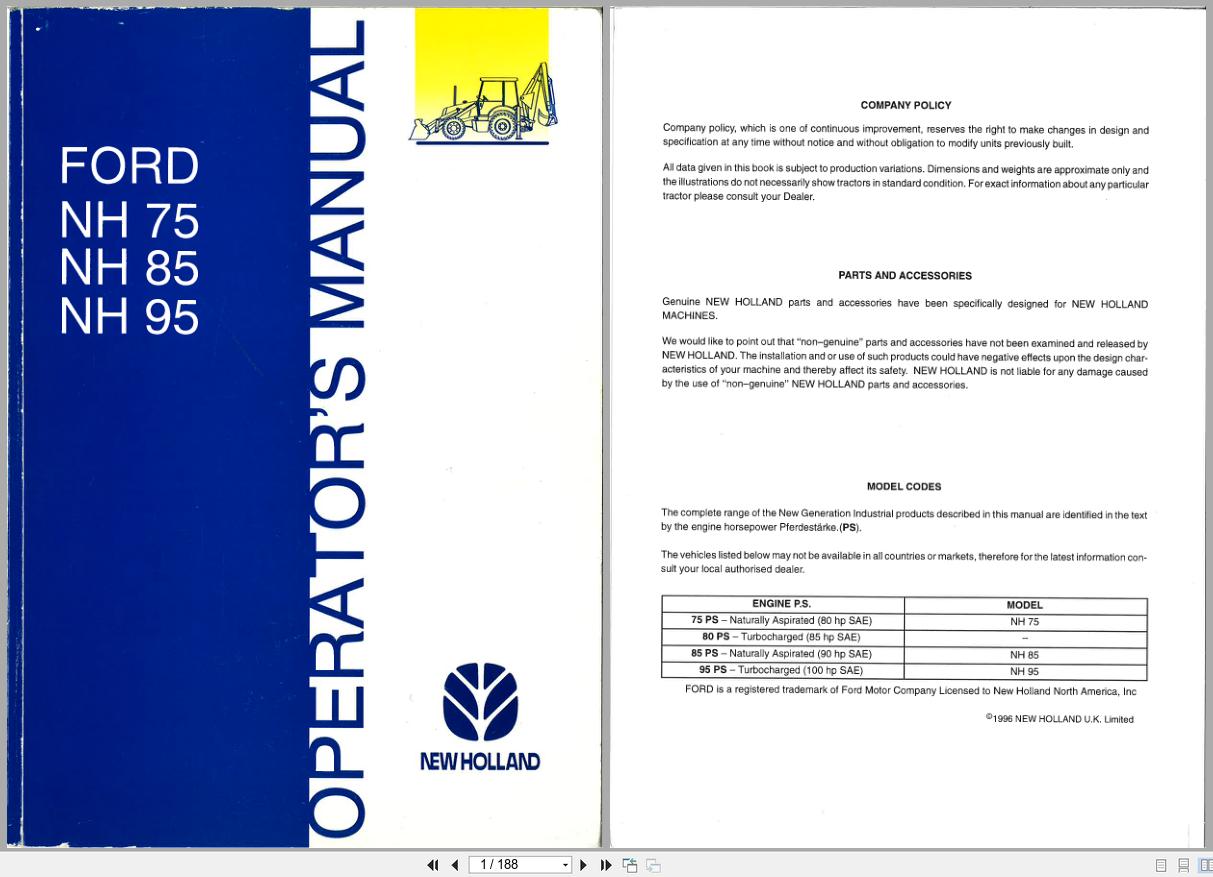 New Holland Backhoe Loader NH75 NH85 NH95 Operators Manual 6045404100 (1)