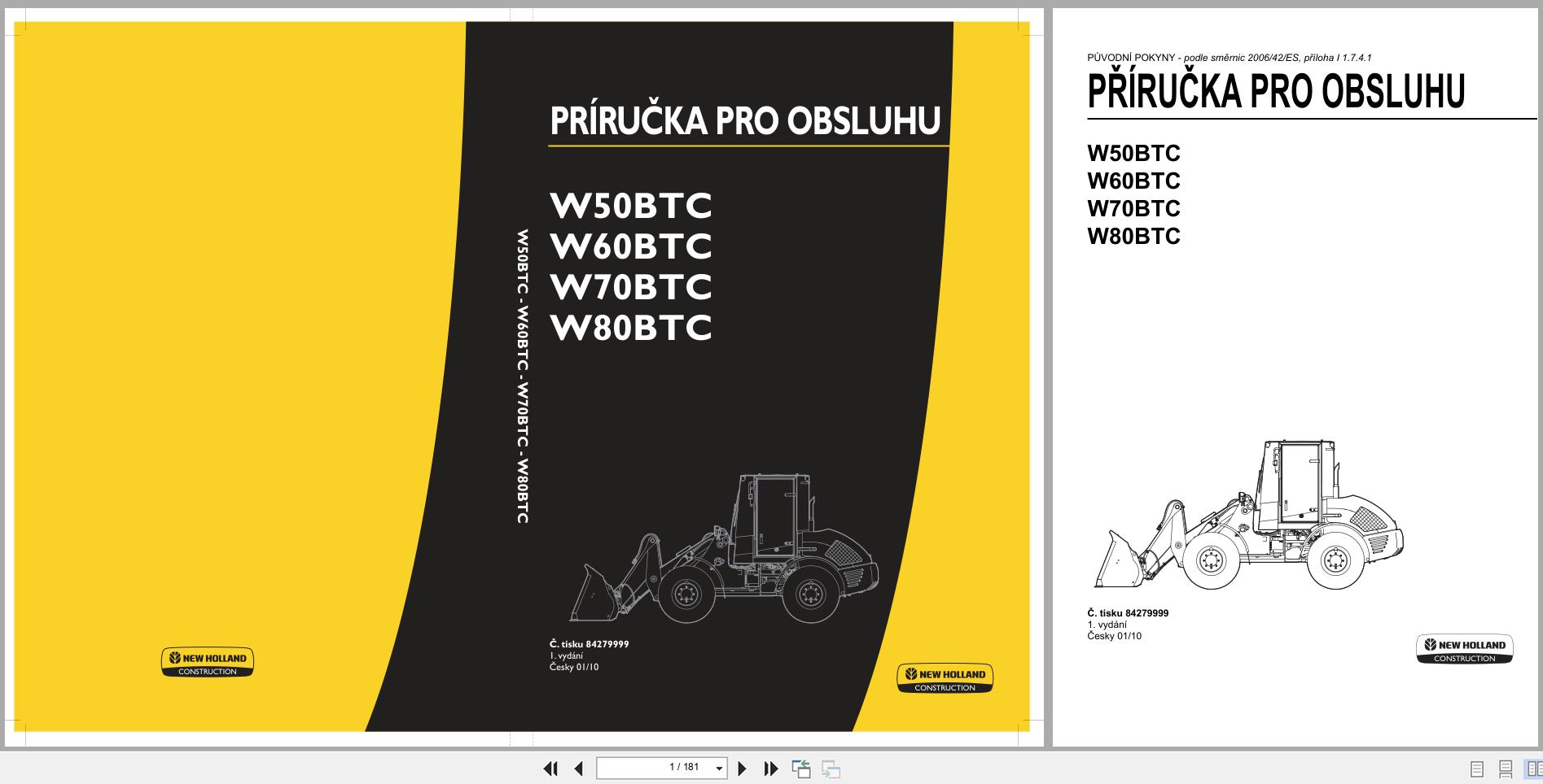 New Holland Compact Wheel Loader W50BTC to W80BTC Operators Manual 84279999 2010 CZ (1)