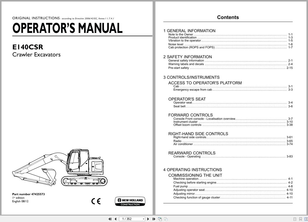 New Holland Crawler Excavator E140CSR Operators Manual 47425573 2012 (1)