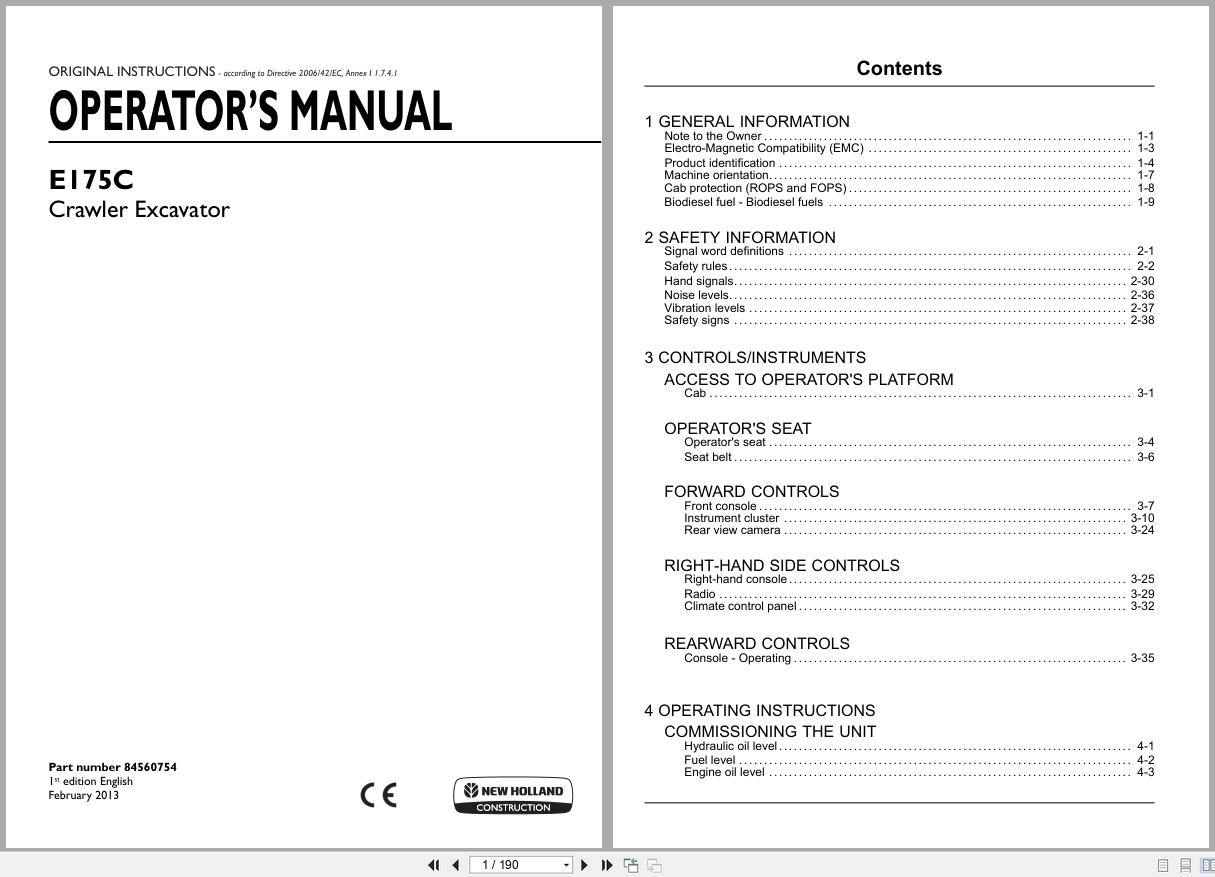 New Holland Crawler Excavator E175C Operators Manual 84560754 2013 (1)