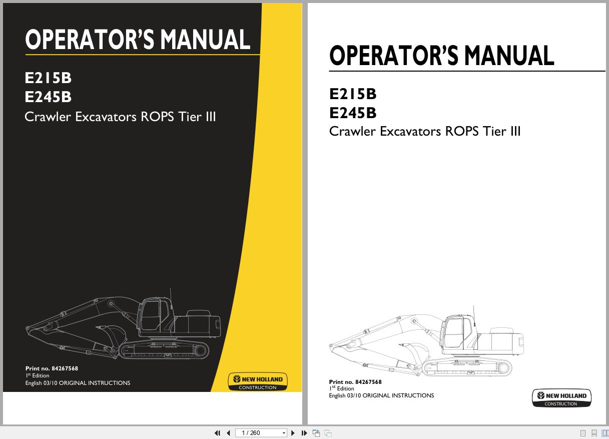 New Holland Crawler Excavator E215B E245B ROPS Tier 3 Operators Manual 84267568 2010 (1)