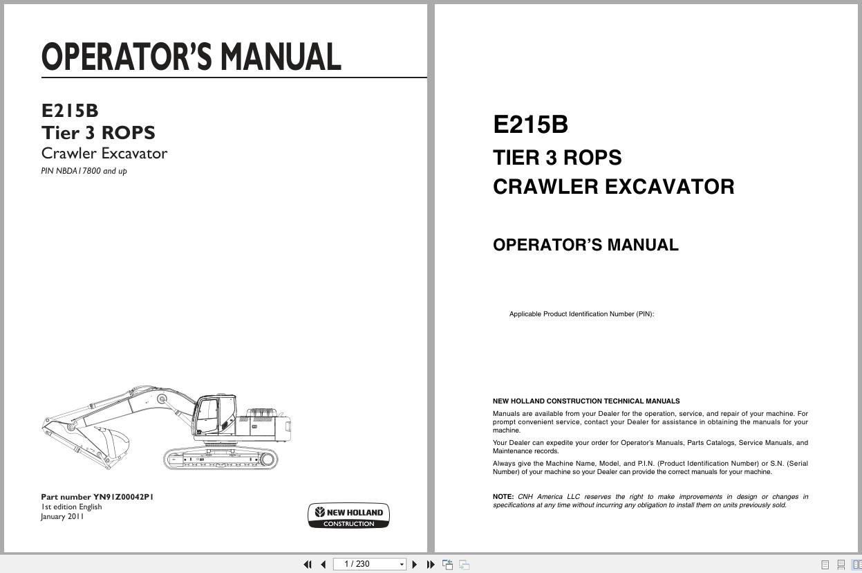 New Holland Crawler Excavator E215B Tier 3 ROPS Operators Manual YN91Z00042P1 2011 (1)