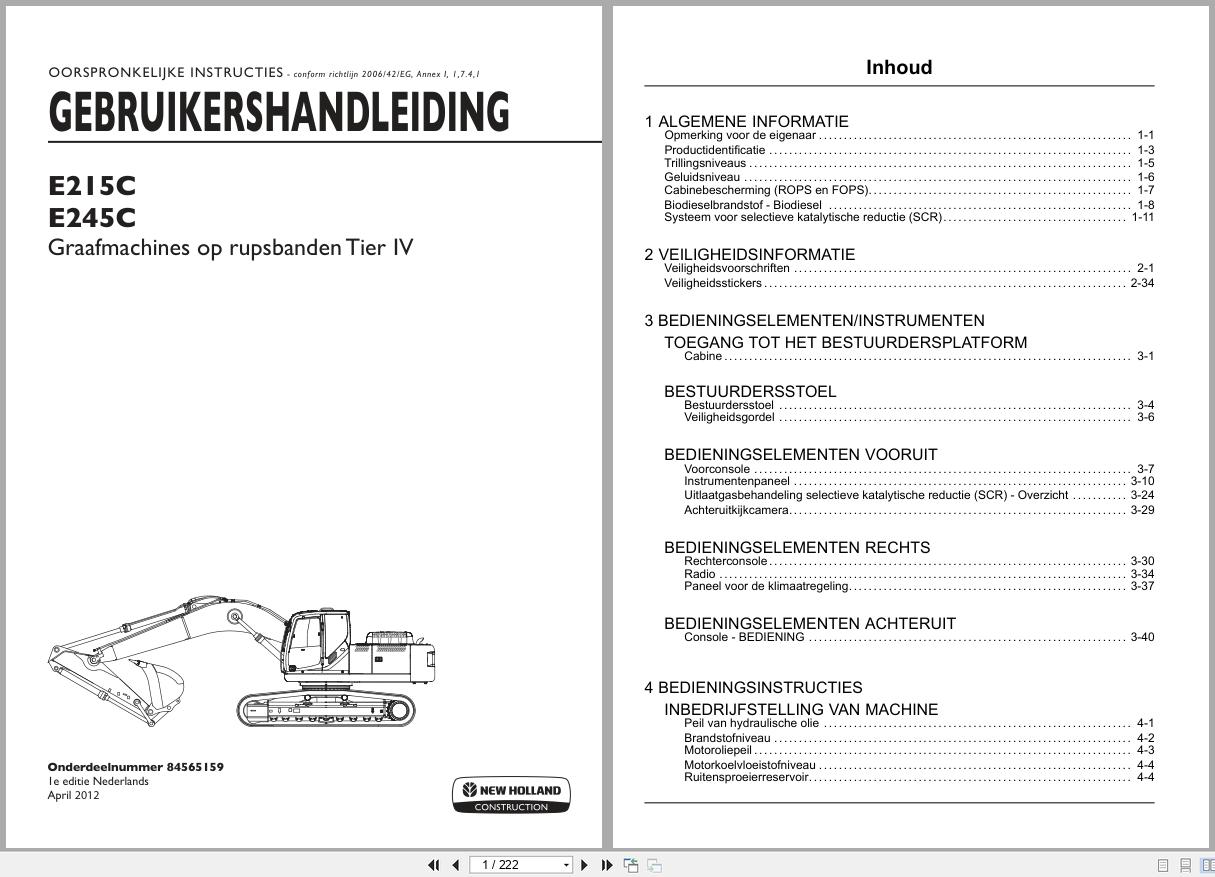 New Holland Crawler Excavator E215C E245C Operation Maintenance Manual 84565159 2012 NL (1)