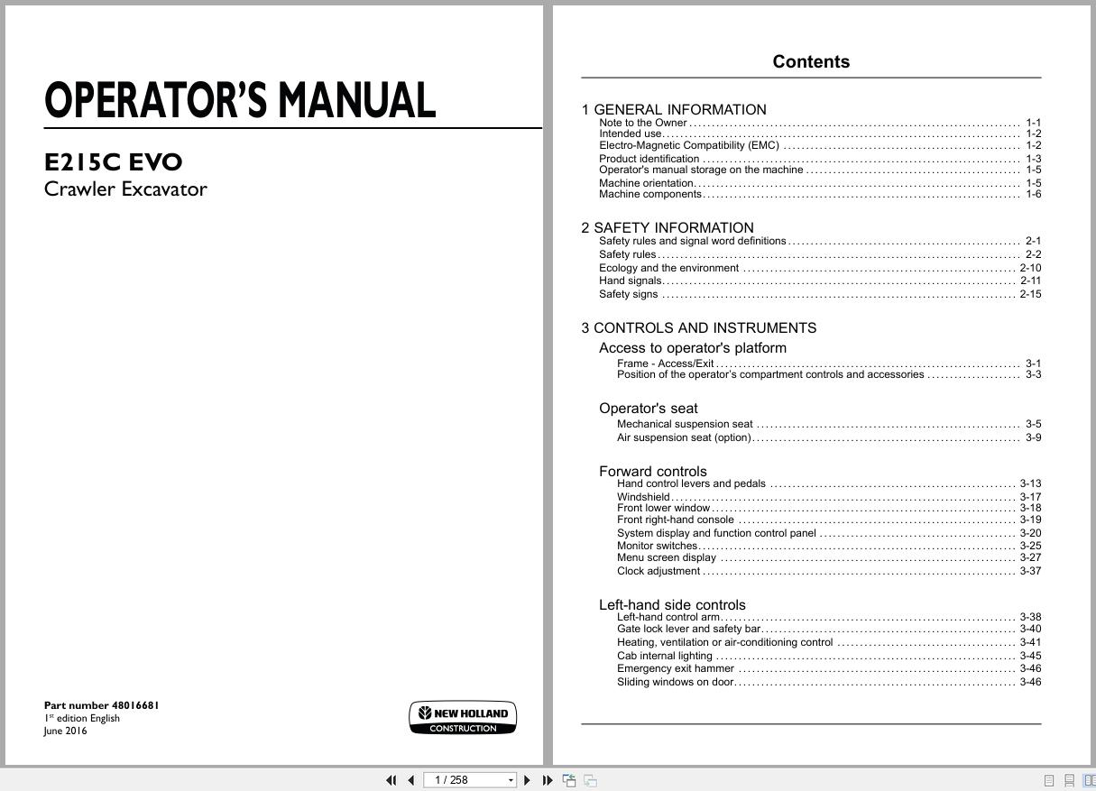 New Holland Crawler Excavator E215C EVO Operators Manual 48016681 2016 (1)