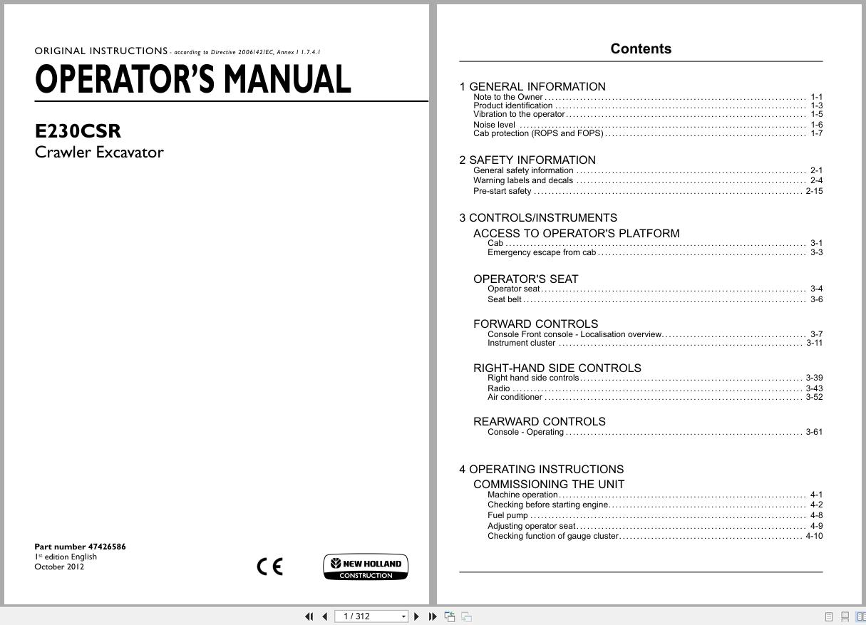New Holland Crawler Excavator E230CSR Operators Manual 47426586 2012 (1)