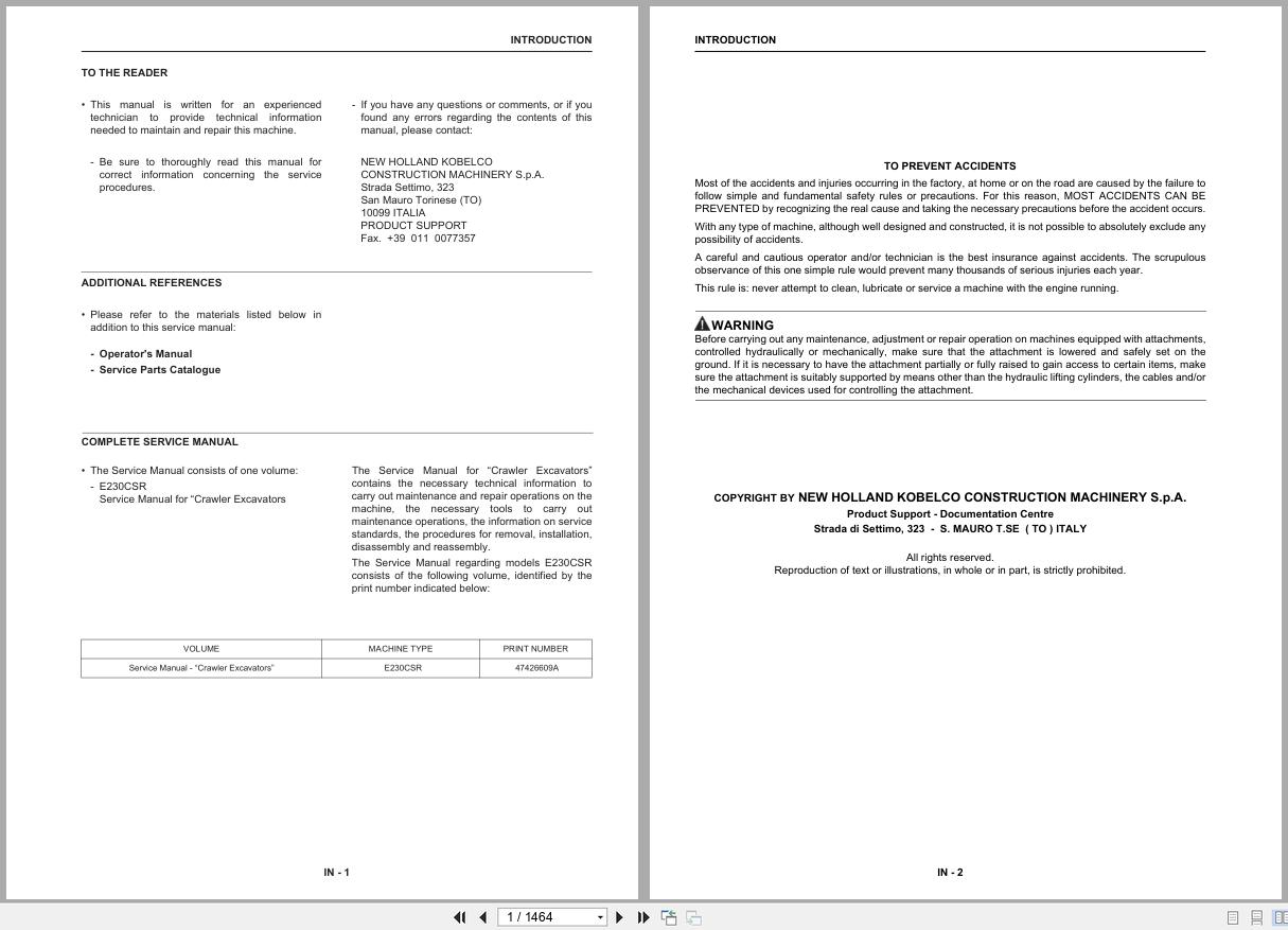 New Holland Crawler Excavator E230CSR Service Manual 47426609A (1)