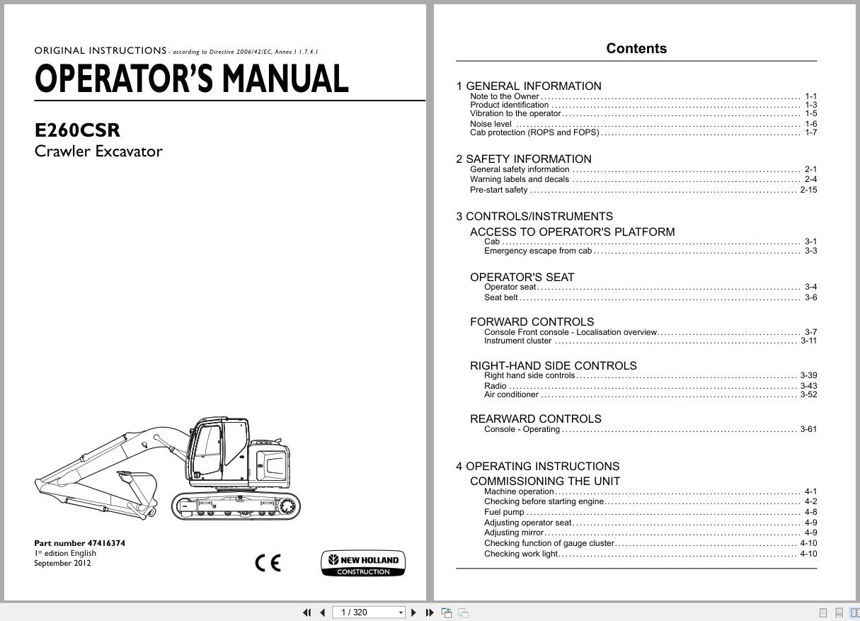 New Holland Crawler Excavator E260CSR Operators Manual 47416374 2012 (1)