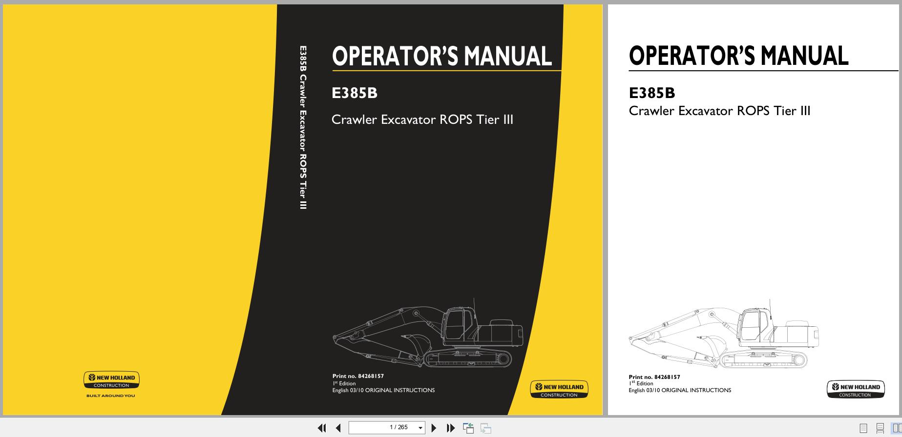 New Holland Crawler Excavator E385B ROPS Tier 3 Operators Manual 84268157 2010 (1)