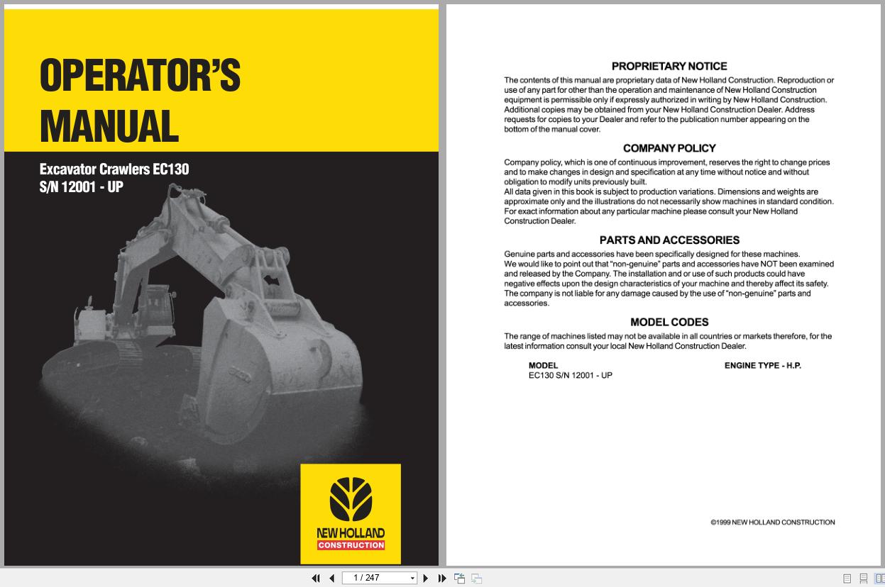 New Holland Crawler Excavator EC130 Operators Manual 73183060 (1)