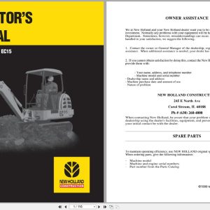 New Holland Crawler Excavator EC15 Operators Manual 73185761 (1)