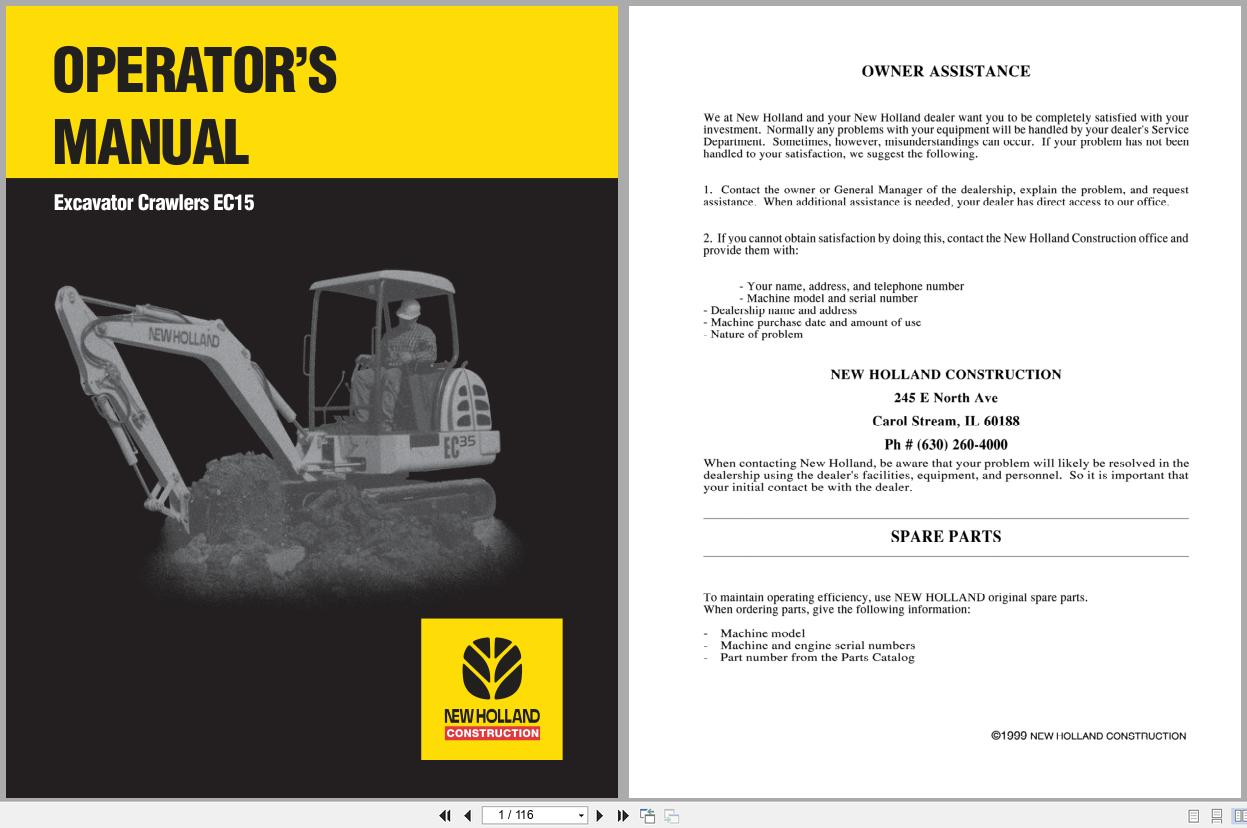 New Holland Crawler Excavator EC15 Operators Manual 73185761 (1)