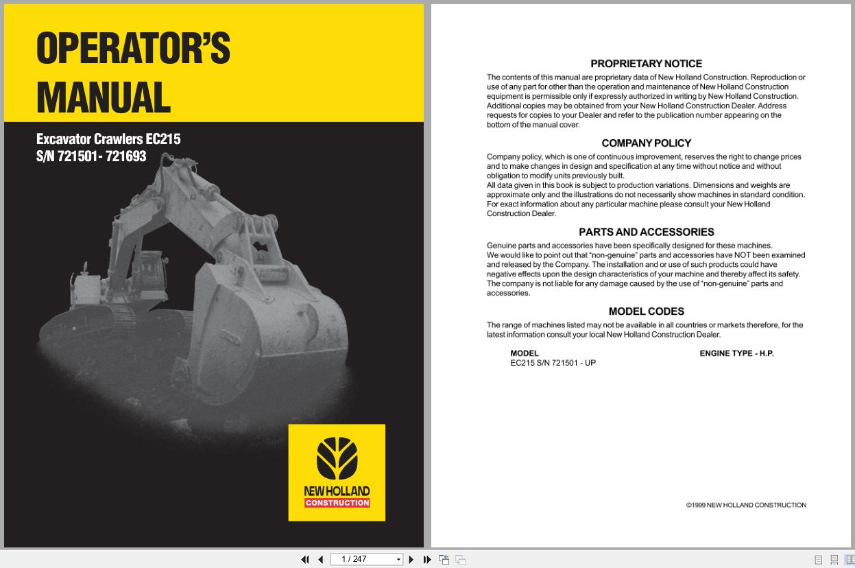 New Holland Crawler Excavator EC215 Operators Manual 73183059 (1)