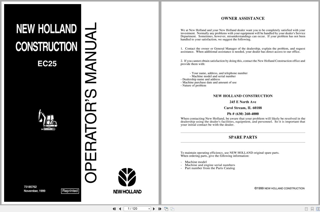 New Holland Crawler Excavator EC25 Operators Manual 73185762 (1)