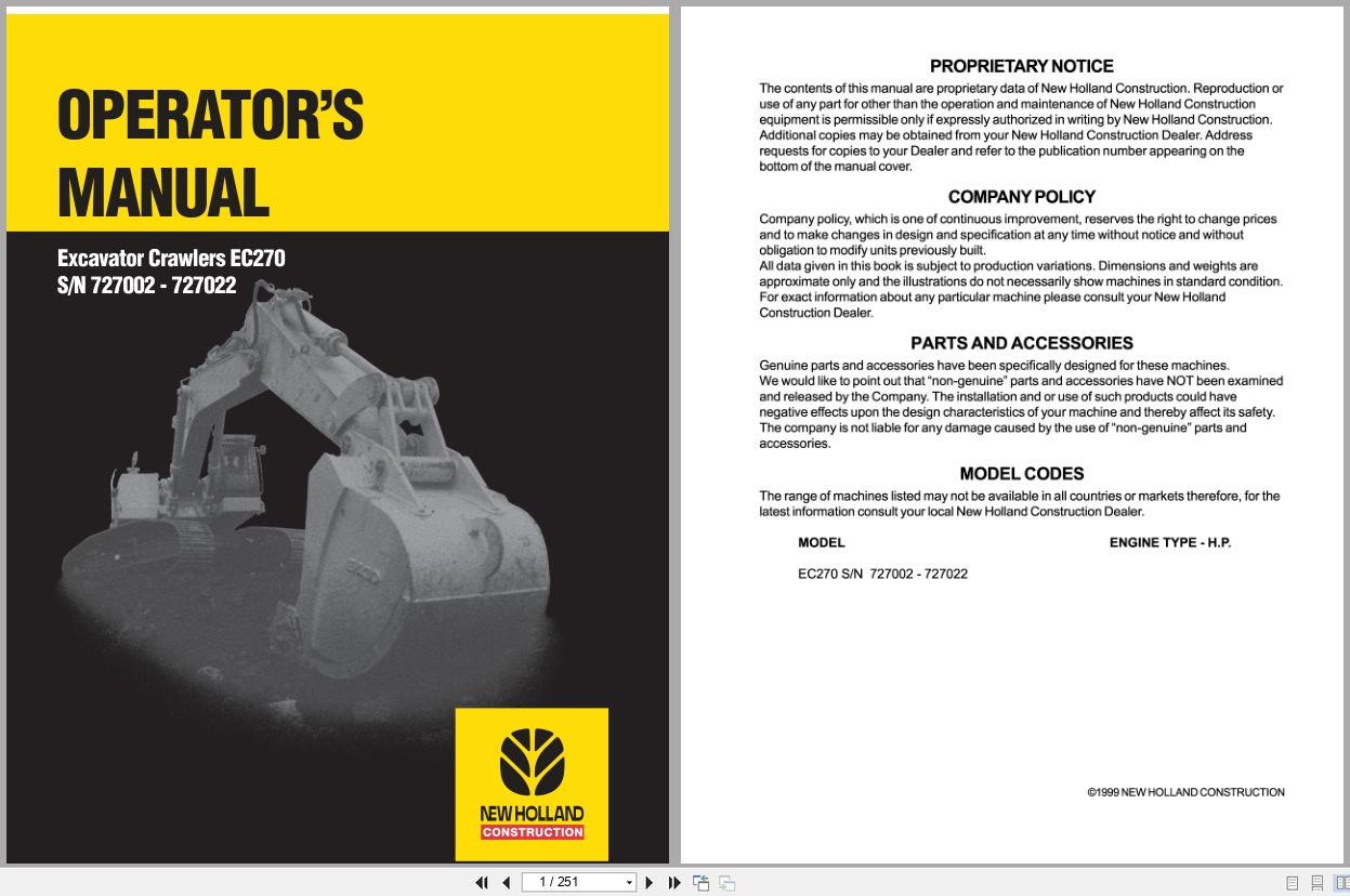 New Holland Crawler Excavator EC270 Operators Manual 73183066 (1)
