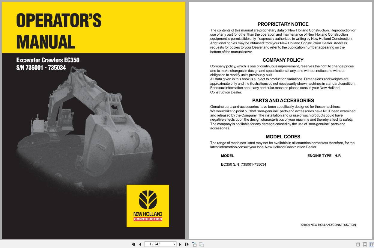 New Holland Crawler Excavator EC350 Operators Manual 73179391 (1)