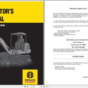 New Holland Crawler Excavator EC45 Operators Manual 73185764 (1)
