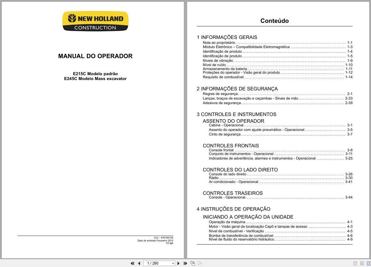New Holland Excavator E215C E245C Operators Manual 47619473A 2015 BR (1)