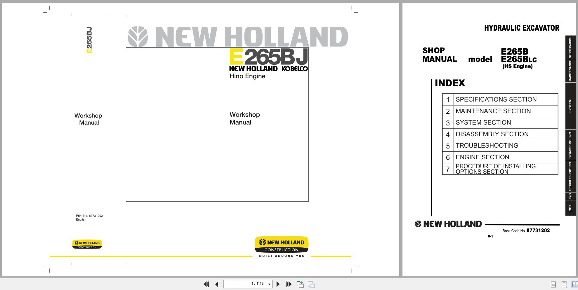 New Holland Excavator E265B E265BLC Workshop Manual 87731202 (1)