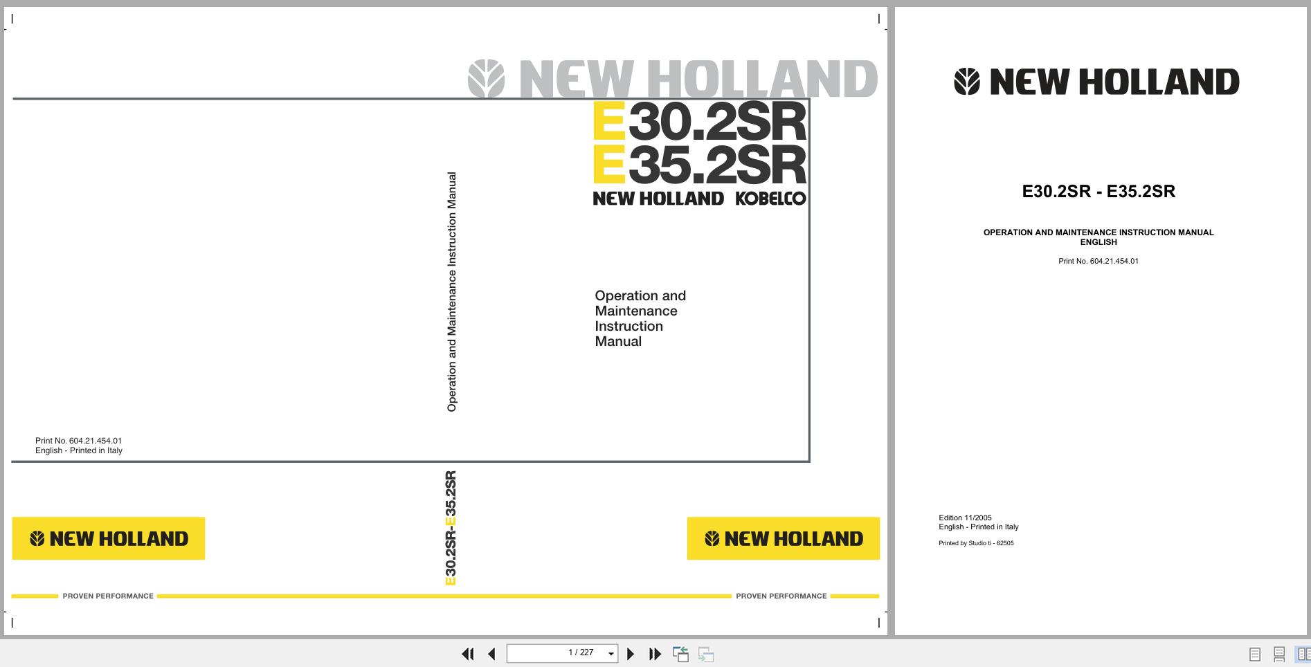 New Holland Excavator E30.2SR E35.2SR Operation Maintenance Manual 6042145401 2005 (1)