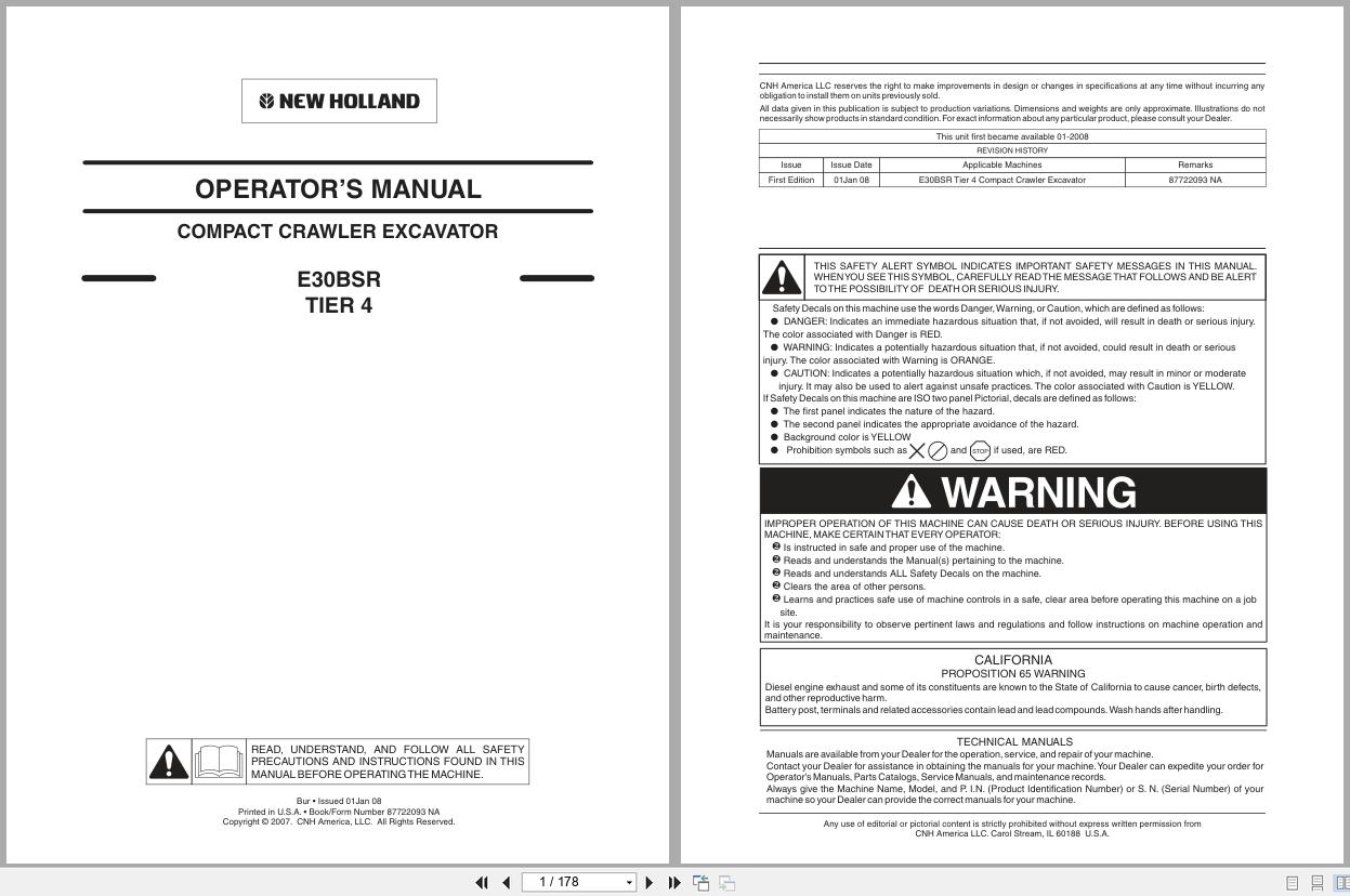 New Holland Excavator E30BSR Tier 4 Operators Manual 87722093NA 2007 (1)