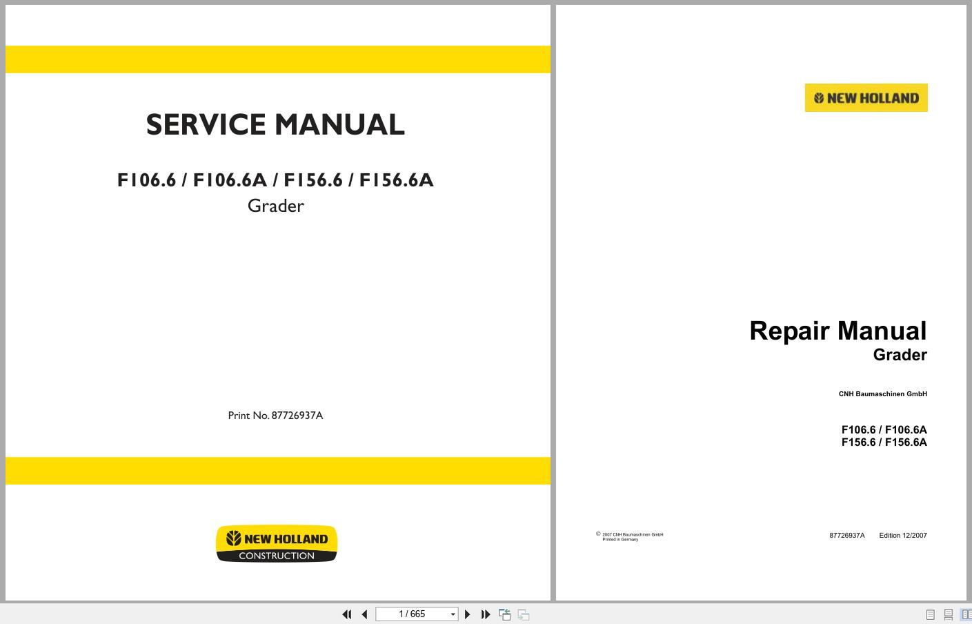 New Holland Grader F106.6 F106.6A F156.6 F156.6A Service Manual 87726937A (1)