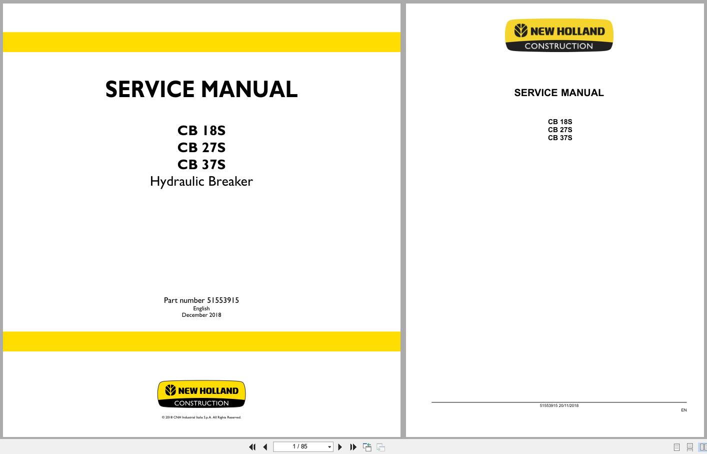 New Holland Hydraulic Breaker CB18S CB27S CB37S Service Manual 51553915 (1)
