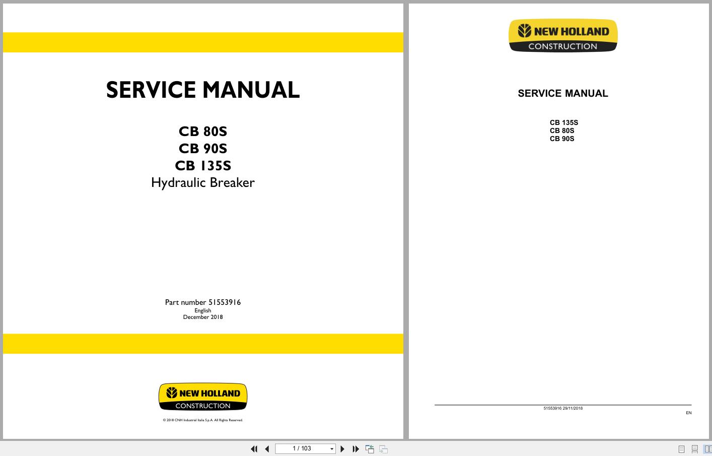 New Holland Hydraulic Breaker CB80S CB90S CB135S Service Manual 51553916 (1)