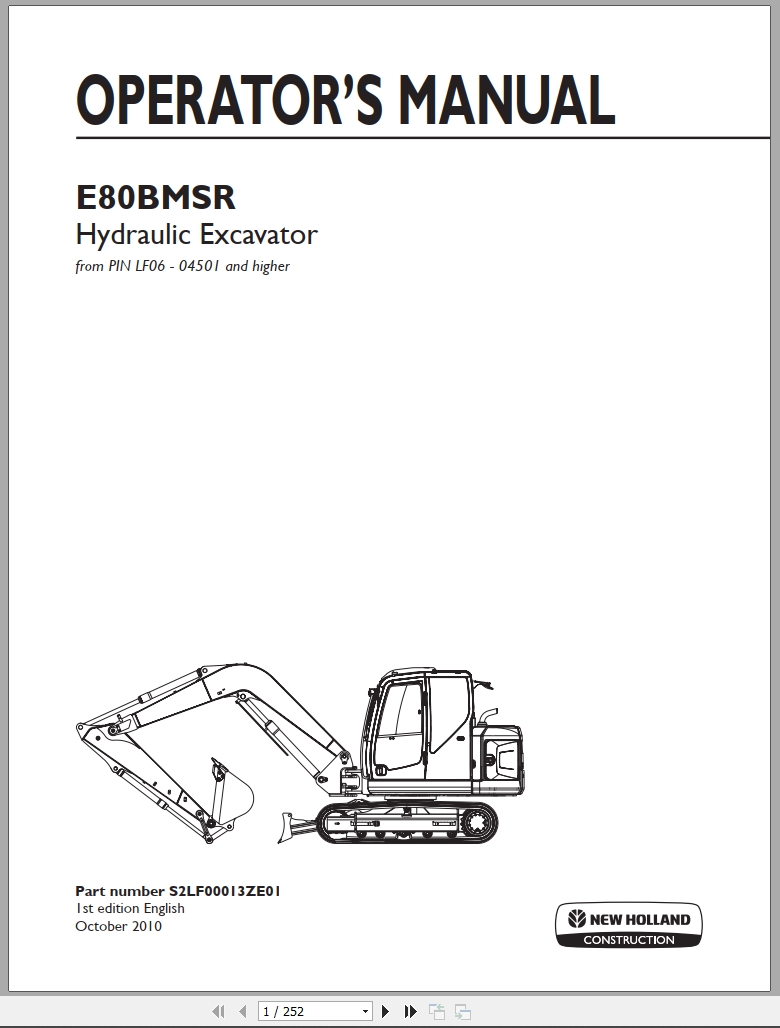 New Holland Hydraulic Excavator E80BMSR Operators Manual S2LF00013ZE01 2010 (1)