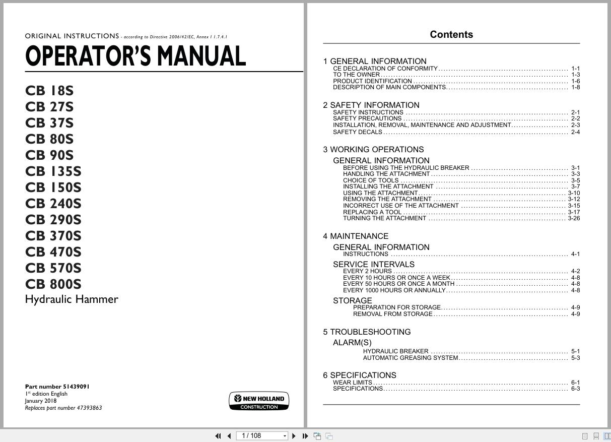 New Holland Hydraulic Hammer CB18S to CB800S Operators Manual 51439091 2018 (1)