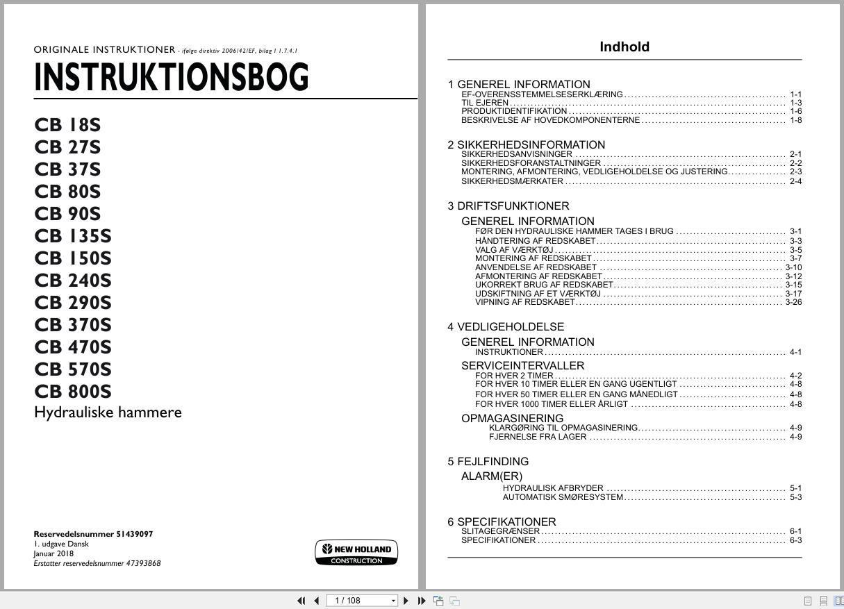 New Holland Hydraulic Hammer CB18S to CB800S Operators Manual 51439097 2018 DA DK (1)