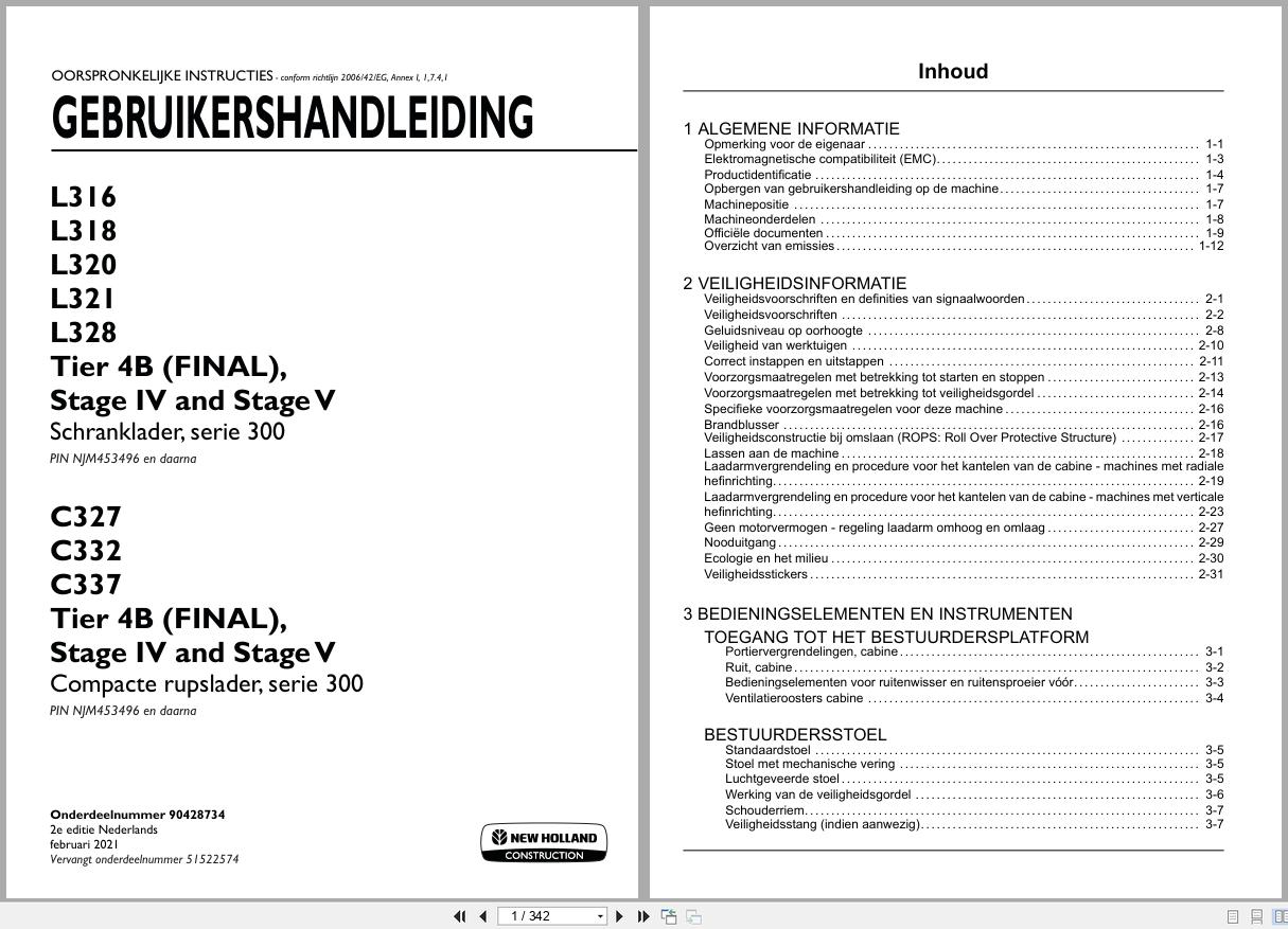 New Holland Loader L316 to C337 Operation Maintenance Manual 90428734 2021 NL (1)