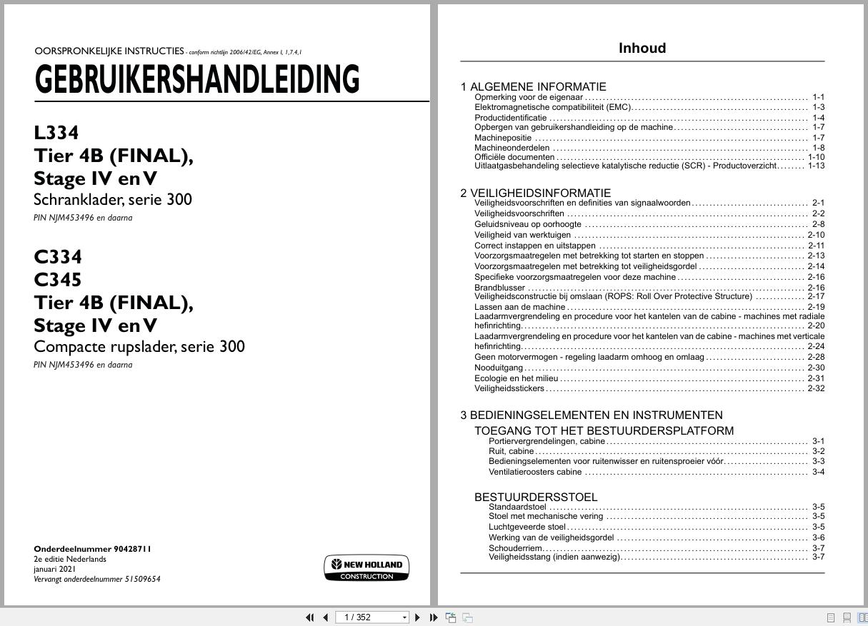 New Holland Loader L334 C334 C345 Operation Maintenance Manual 90428711 2021 NL (1)